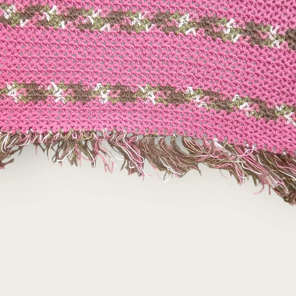 Handmade‎ Pink Brown Crochet Blanket Throw Fringe Stripes Soft Cozy Home Decor